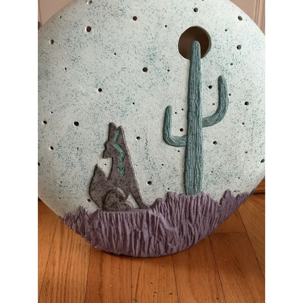 Vintage Southwest Clay Pottery Vase Howling Wolf with Cactus Design Blue Green